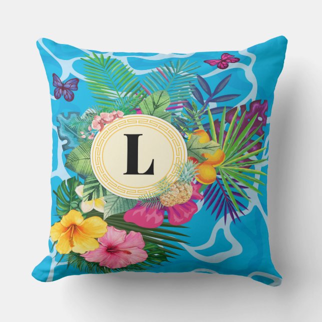 Hawaiian Tropical Flowers And Butterflies Monogram Cushion (Front)