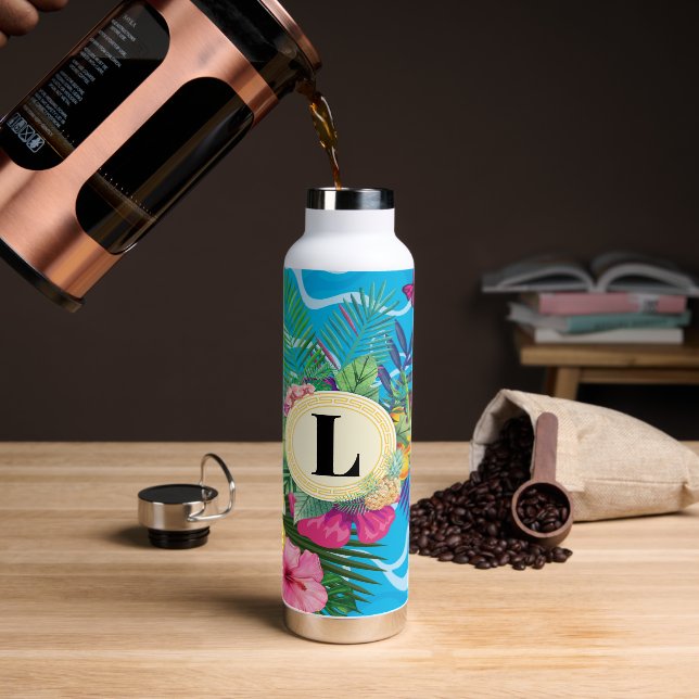 Hawaiian Tropical Flowers And Butterflies Monogram Water Bottle (Coffee)