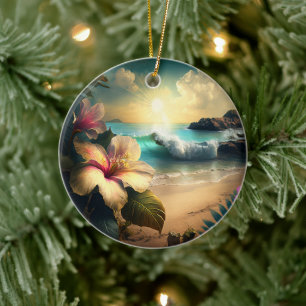 Hawaiian Tropical Flowers at the Beach Ornament