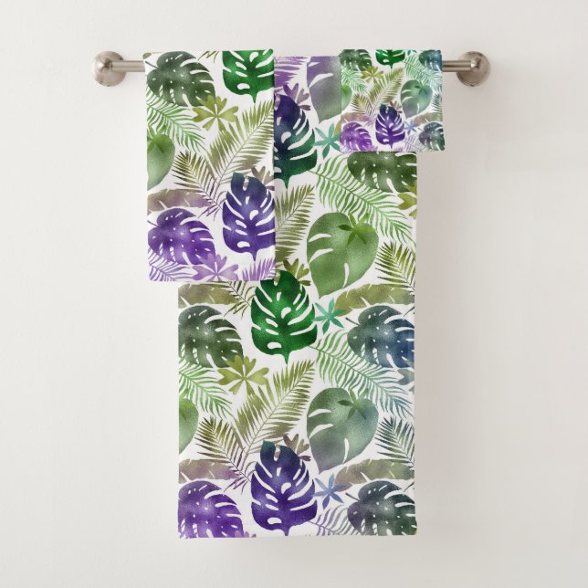 HAWAIIAN TROPICAL GREEN PURPLE TOWEL SET (Insitu)