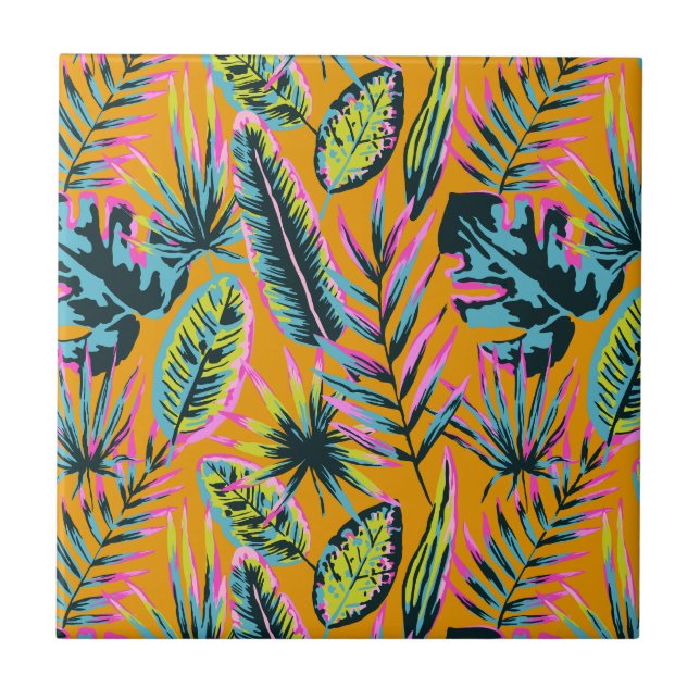 Hawaiian Tropical Leaves And Plants Print Pattern Ceramic Tile (Front)