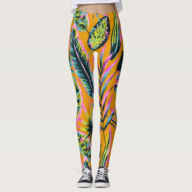 Hawaiian Tropical Leaves And Plants Print Pattern Leggings (Front)