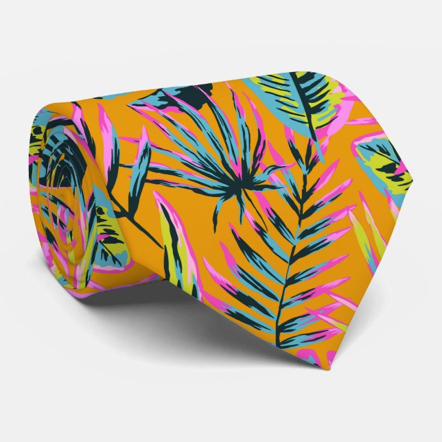 Hawaiian Tropical Leaves And Plants Print Pattern Tie (Rolled)