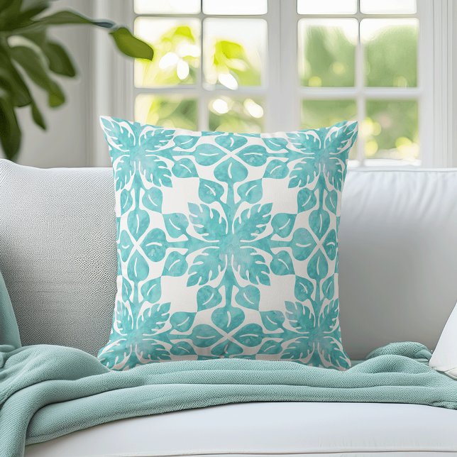 Hawaiian Tropical Leaves Aqua Watercolor Pattern Cushion (Creator Uploaded)