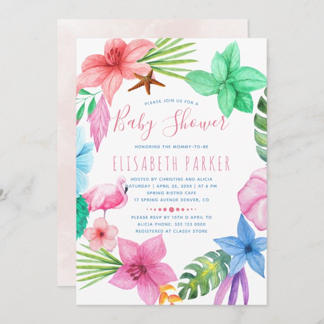 Hawaiian tropical pink floral wreath baby shower invitation (Front/Back)