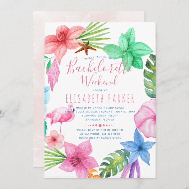Hawaiian tropical pink floral wreath bachelorette invitation (Front/Back)