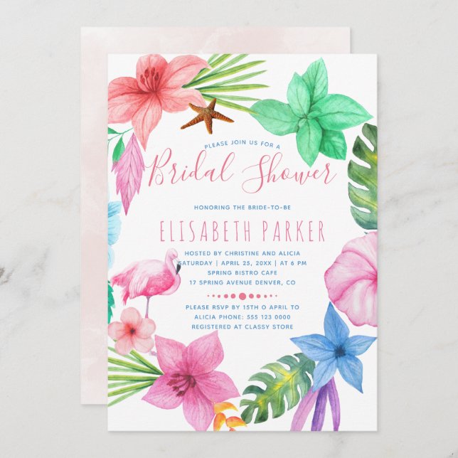 Hawaiian tropical pink floral wreath bridal shower invitation (Front/Back)