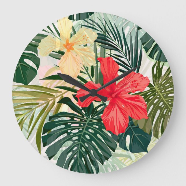 Hawaiian tropical plants, colourful flowers. large clock (Front)