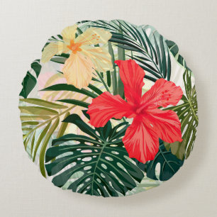 Hawaiian tropical plants, colourful flowers. round cushion