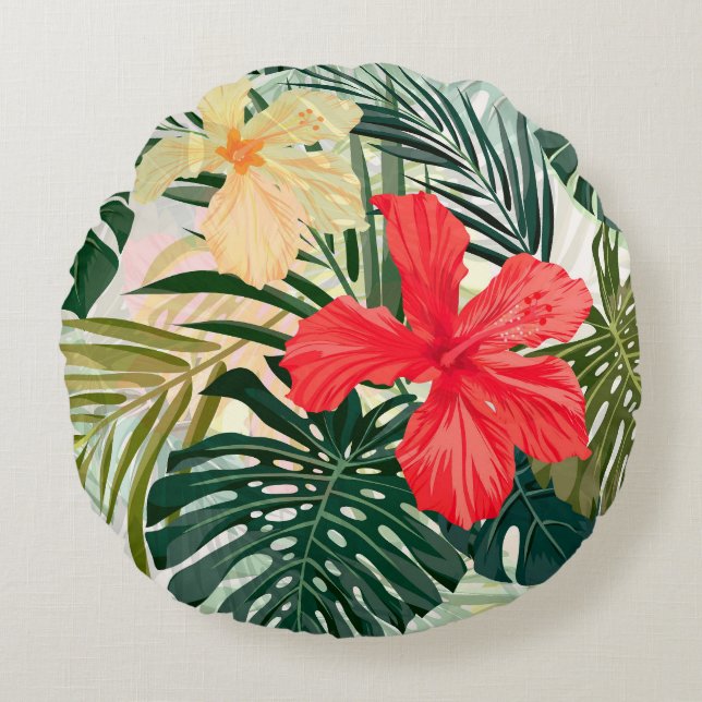 Hawaiian tropical plants, colourful flowers. round cushion (Front)