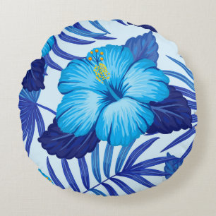 Hawaiian tropical plants, hibiscus pattern. round cushion