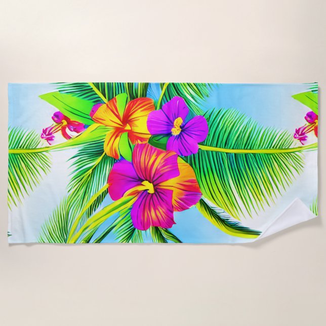 Hawaiian Tropical Seamless Pattern Beach Towel (Front)