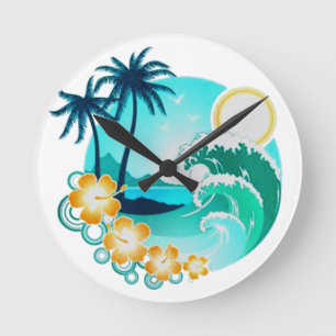 HAWAIIAN TROPICAL SURF ART ROUND CLOCK