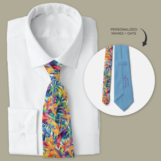 Hawaiian Tropical Watercolor Bird of Paradise Tie (Personalized Hawaiian birds of paradise floral wedding neckties for groomsmen)