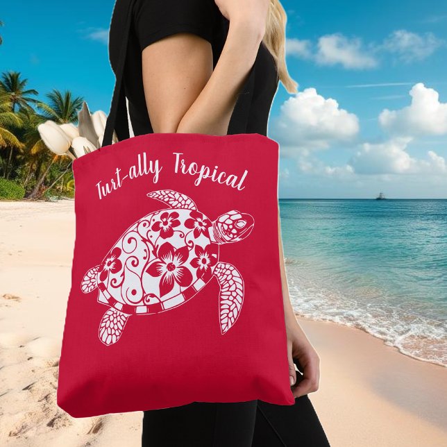 Hawaiian Turtle Fisherman Aesthetic Cherry Red Tote Bag (Hawaiian Turtle-Tropical Flowers, Elegant hawaiian Tribals, summer, beach, fisherman aesthetic Tote)