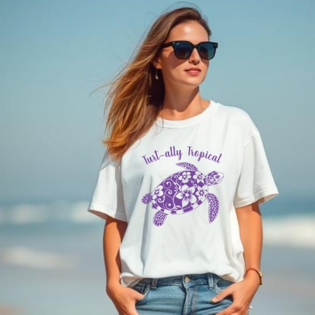 Hawaiian Turtle Turt-ally Tropical Purple T-Shirt (Hawaiian Turtle-Turt-ally Tropical-Fisherman Core, Coastal, Islander, Beach, Summer, Women t shirt)