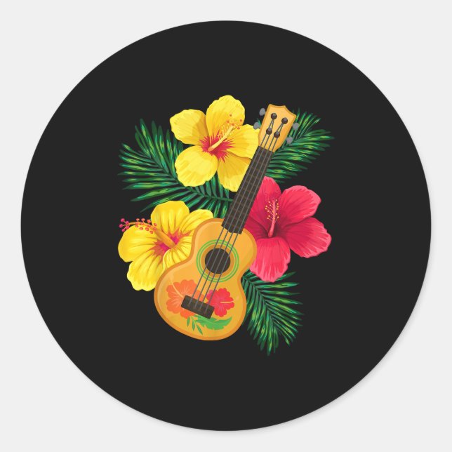 Hawaiian Ukulele Retro Uke Hibiscus  Classic Round Sticker (Front)