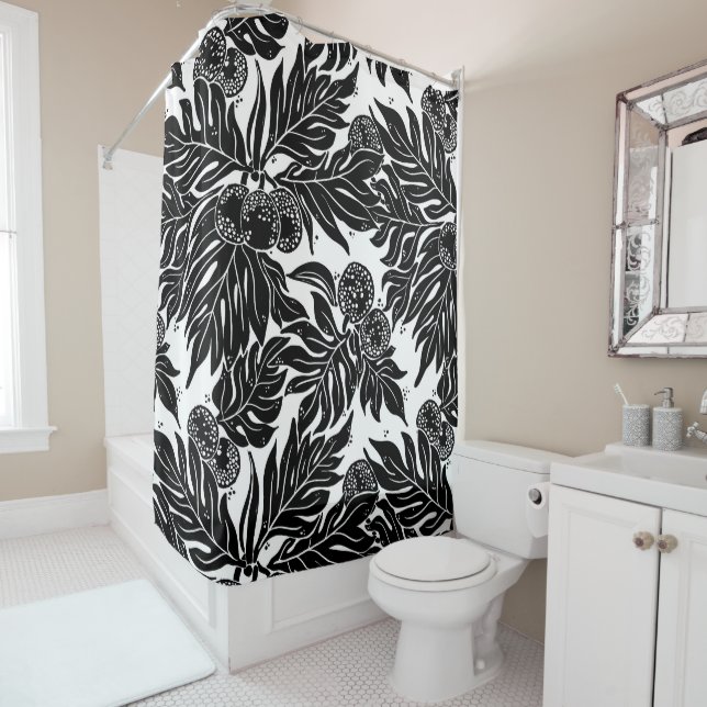 Hawaiian ulu breadfruit black and white shower curtain (In Situ)