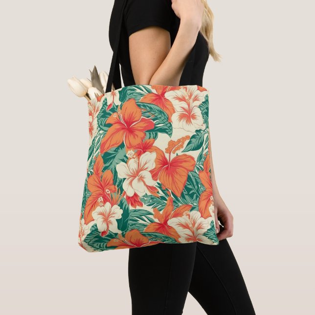 Hawaiian vibe colourful tropical flowers tote bag (Close Up)