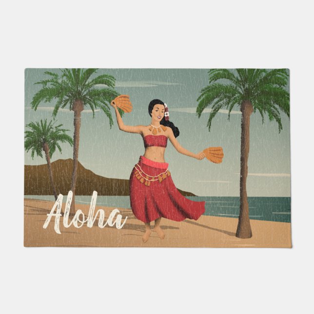 Hawaiian Vintage Hula Girl Postcard Aloha Doormat (Front)
