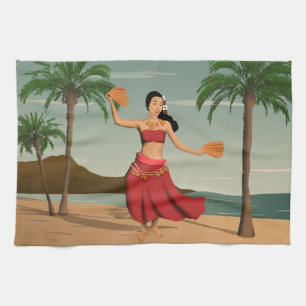 Hawaiian Vintage Hula Girl Postcard Tea Towel