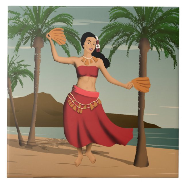 Hawaiian Vintage Hula Girl Postcard Tile (Front)