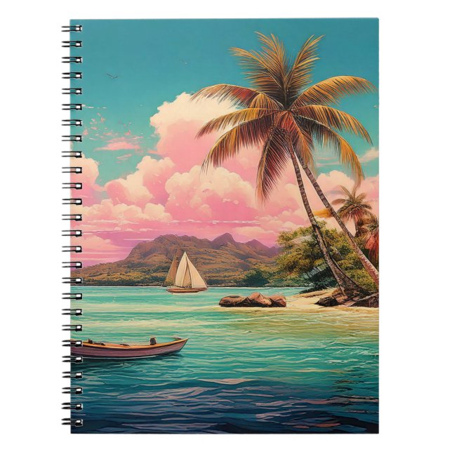 Hawaiian vintage island, palm tree, boat, pink notebook (Front)