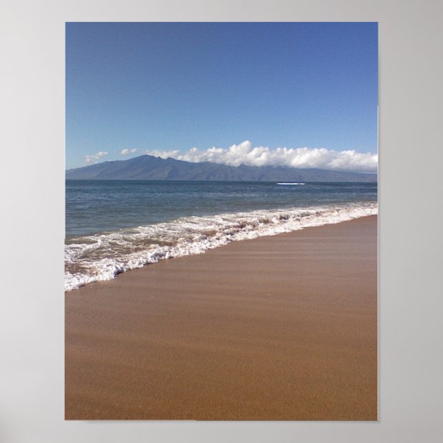 Hawaiian waves, distant island, beach sand, clouds poster (Front)