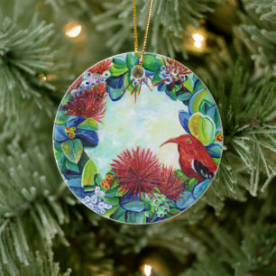 Hawaiian Wreath Iiwi Bird Lehua Mele Kalikimaka Ceramic Ornament