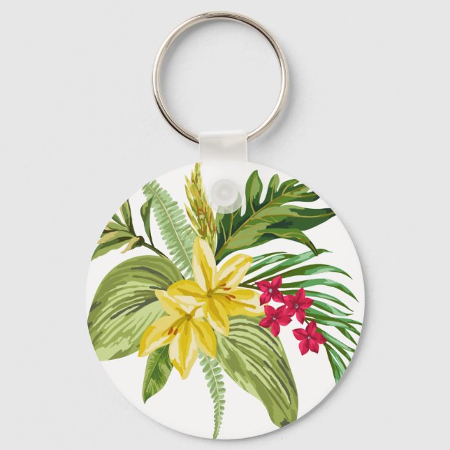 Hawaiian Yellow And Red Flowers Key Ring (Front)