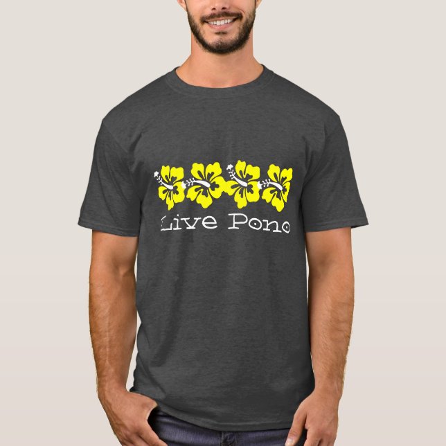 Hawaiian Yellow Hibiscus LIVE PONO Surfer Retro T-Shirt (Front)