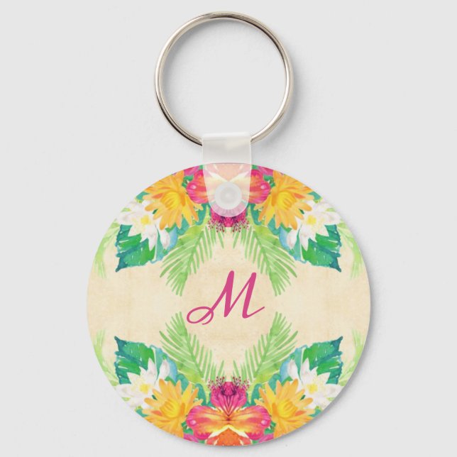 Hawaiin tropical flower pink green sand key ring (Front)