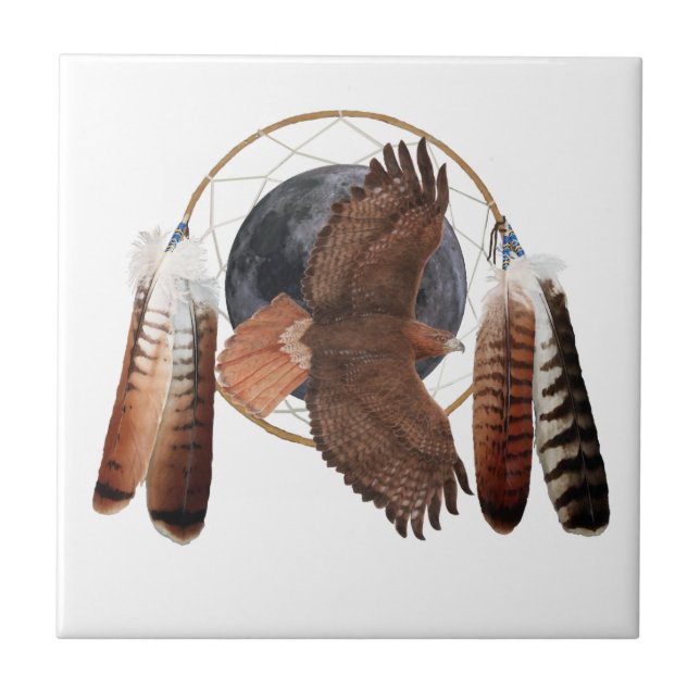 Hawk Against The Moon Dreamcatcher T-Shirt Tote Ba Ceramic Tile (Front)