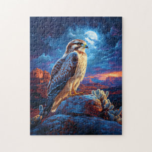 Hawk in the Desert Under a Full Moon Jigsaw Puzzle