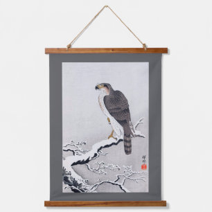 Hawk on Snow Covered Branch, Ohara Koson Hanging Tapestry