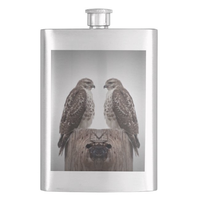 Hawks on a post hip flask (Front)