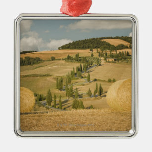 Hay bale and rolling landscape, Tuscany, Italy Metal Tree Decoration
