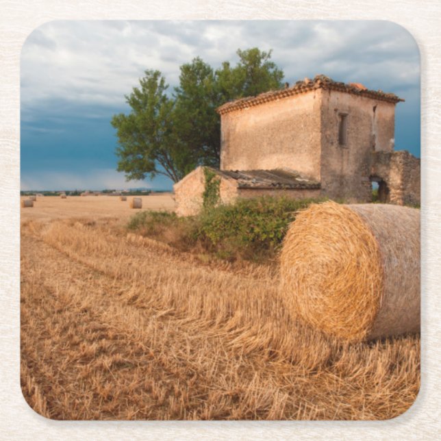 Hay bale in Provence field Square Paper Coaster (Front)