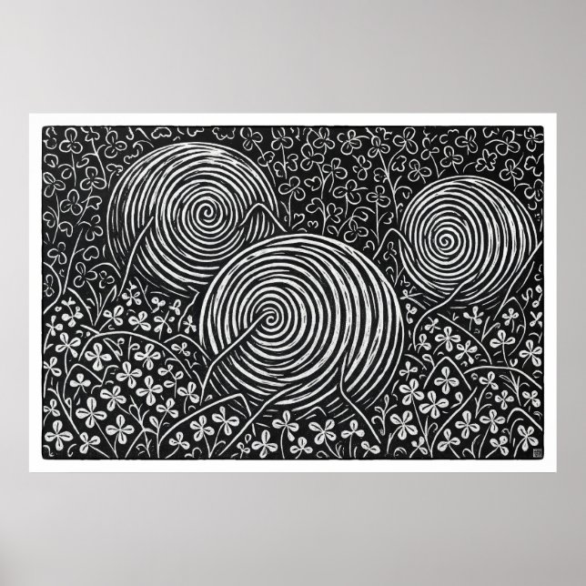 Hay Bales And Clover Large Linocut Print (Front)