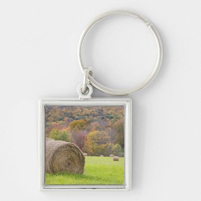Hay bales and fall foliage on farm, key ring (Front)