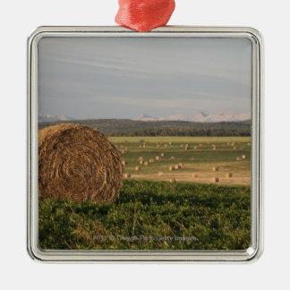 Hay Bales In A Field With Mountains At Sunrise Metal Tree Decoration