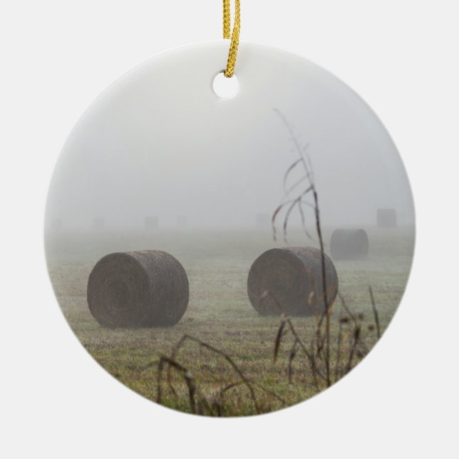 Hay Bales In The Fog Ceramic Ornament (Front)