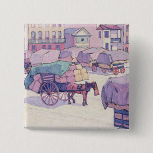 Hay Carts, Cumberland Market (oil on canvas) 15 Cm Square Badge