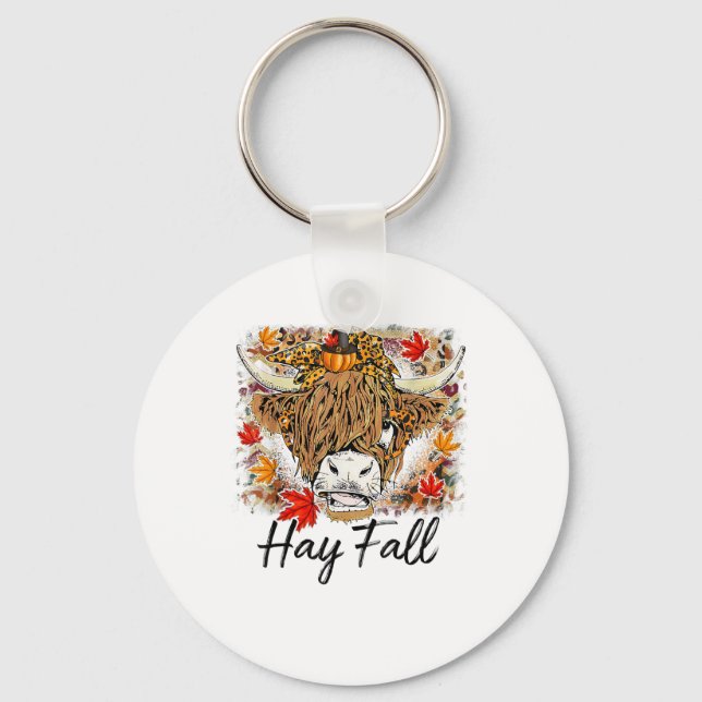 Hay Fall Highland Cow Leopard Thanksgiving Heifer  Key Ring (Front)