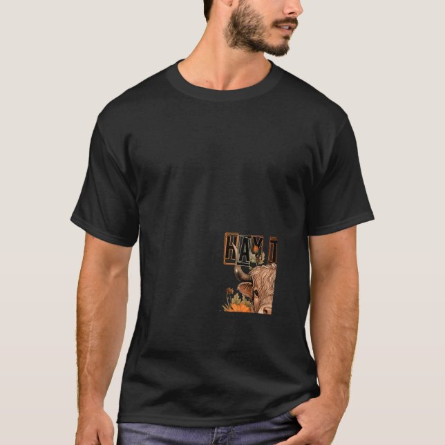 Hay Fall Highland Cow Pumpkin Western Country Farm T-Shirt (Front)