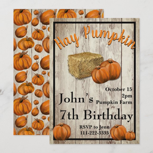 Hay Pumpkin Fall Birthday Party Invitation (Front/Back)