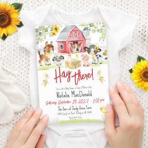 Hay There Cute Farm Animals Sunflower Baby Shower Invitation