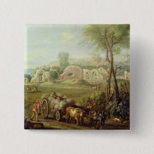 Haycart Passing a Ruined Abbey, c.1740-50 (oil on 15 Cm Square Badge