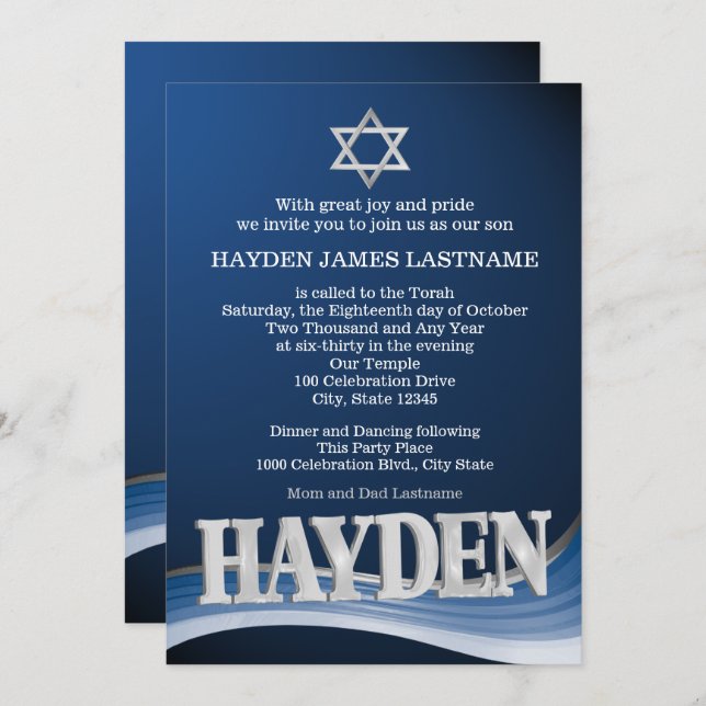Hayden Steel Wave Name Bar Mitzvah Invitation (Front/Back)