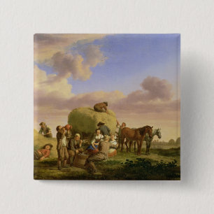 Haymakers resting in a field 15 cm square badge